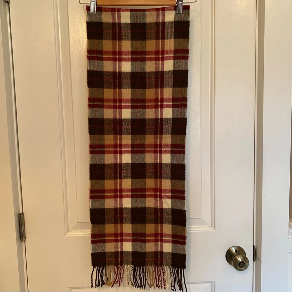 SCARF SCOTLAND CASHMERE BROWN RED TAN CREAM PLAID FRINGE LONG RECTANGLE - Picture 8 of 9